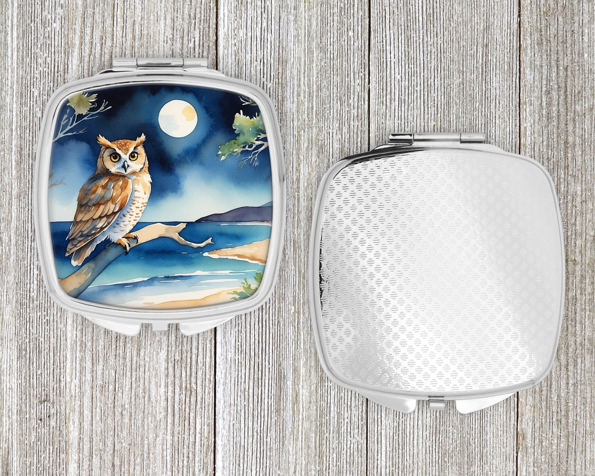 Owl by Moonlit Ocean Watercolor Compact Mirror Decorative Travel Makeup Mirror for Women Girls Gifts Pocket Makeup Mirror Folding Handheld