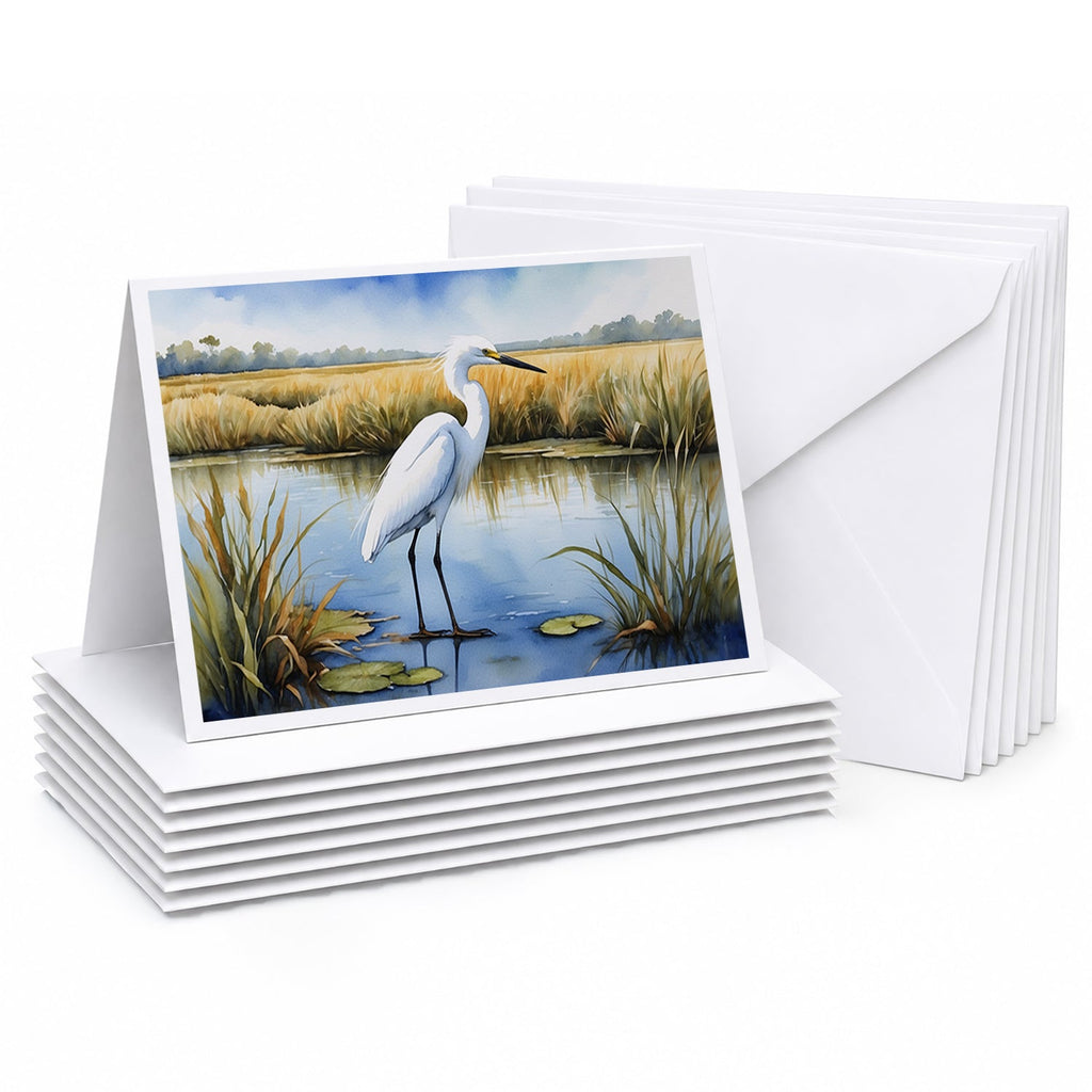 Snowy Great Egret in Marsh Wetland Watercolor Greeting Cards Pack of 8 Blank Cards with Envelopes Whimsical A7 Size 5x7