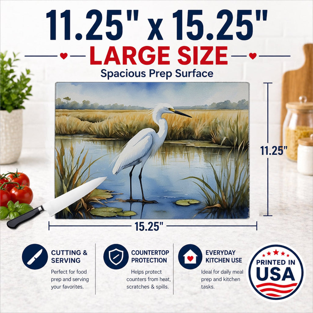 Snowy Great Egret in Marsh Wetland Watercolor Cutting Board Tempered Glass Kitchen Cutting Surface, Heat Resistant Chopping, Non-Slip Feet, Food Prep & Serving