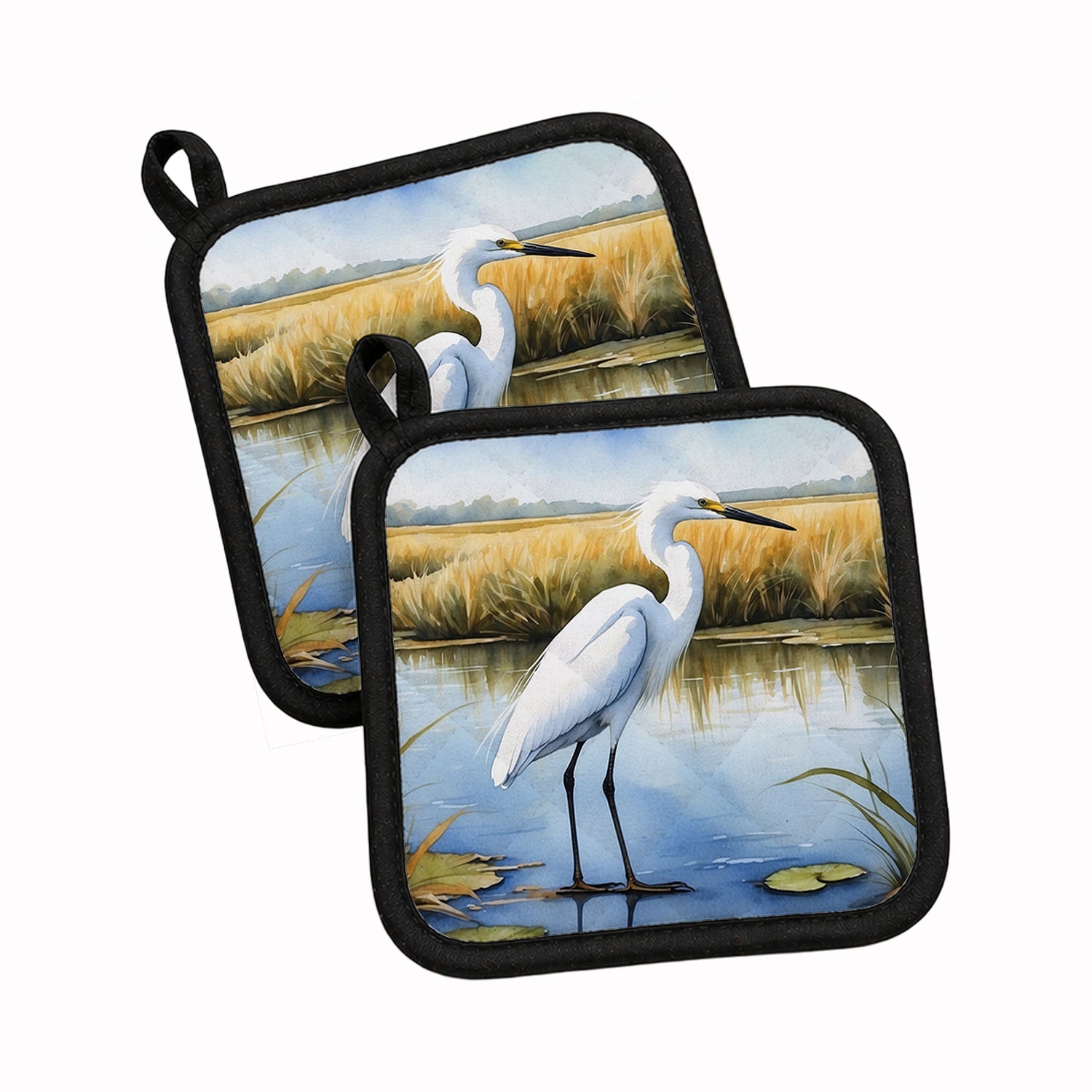 Snowy Great Egret in Marsh Wetland Watercolor Pot Holder Set of 2 Heat Resistant Quilted Hot Pads 7.5 x 7.5 Inch, Insulated Kitchen Trivets for Cooking & Baking