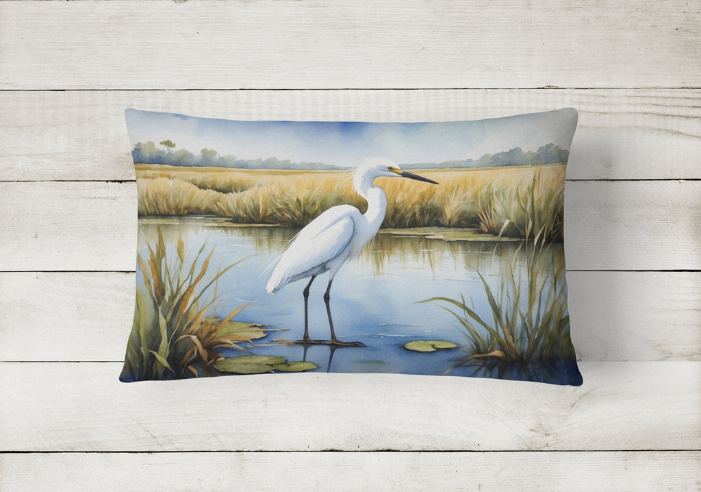 Snowy Great Egret in Marsh Wetland Watercolor Decorative Throw Pillow 12x16 Indoor Outdoor Accent Cushion, Fabric Cover with Insert for Sofa, Bed, Porch & Living Room