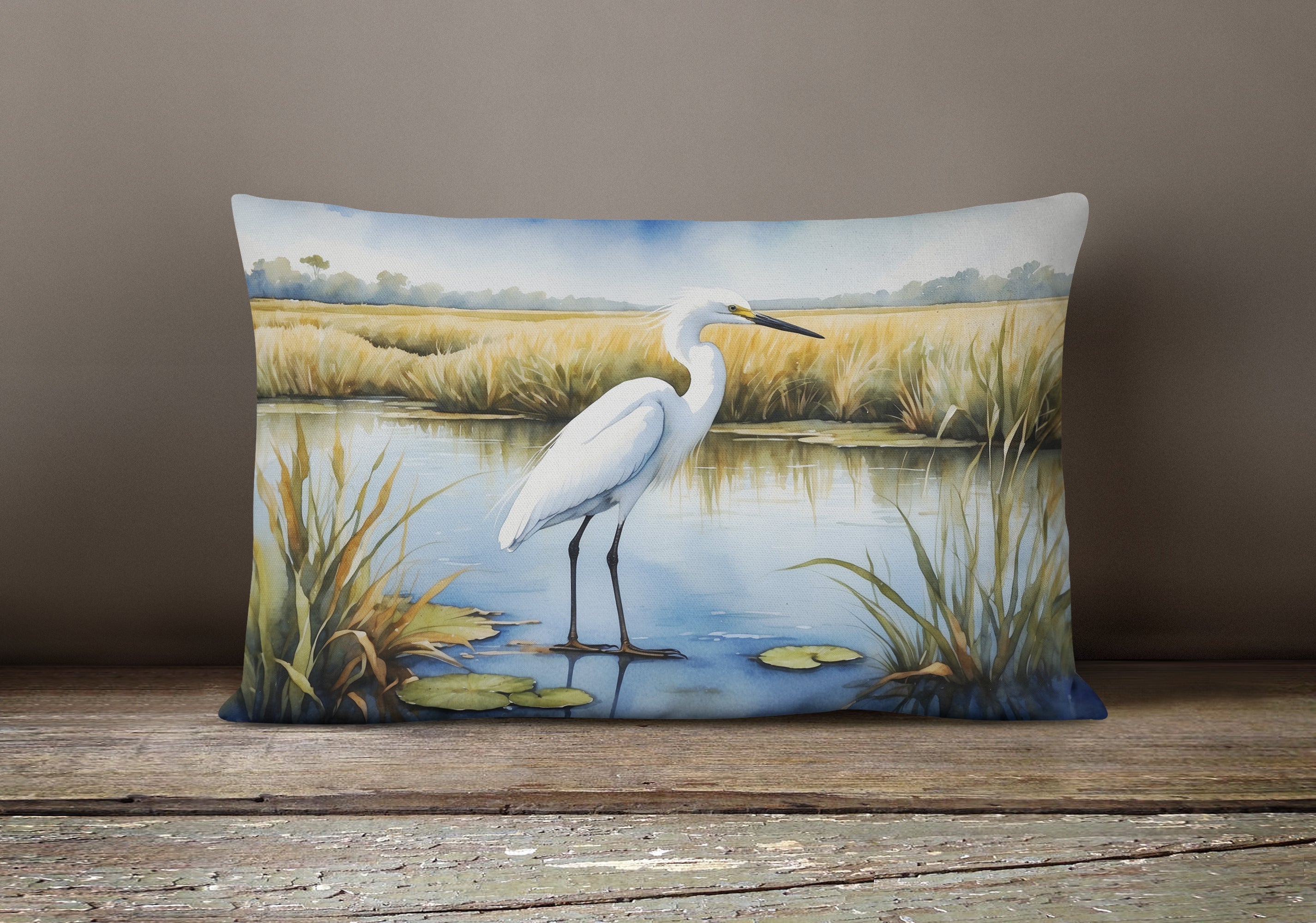 Snowy Great Egret in Marsh Wetland Watercolor Decorative Throw Pillow 12x16 Indoor Outdoor Accent Cushion, Fabric Cover with Insert for Sofa, Bed, Porch & Living Room