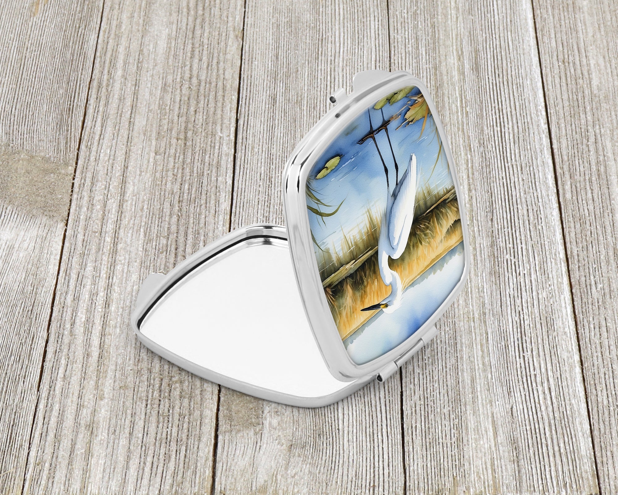 Snowy Great Egret in Marsh Wetland Watercolor Compact Mirror Decorative Travel Makeup Mirror for Women Girls Gifts Pocket Makeup Mirror Folding Handheld
