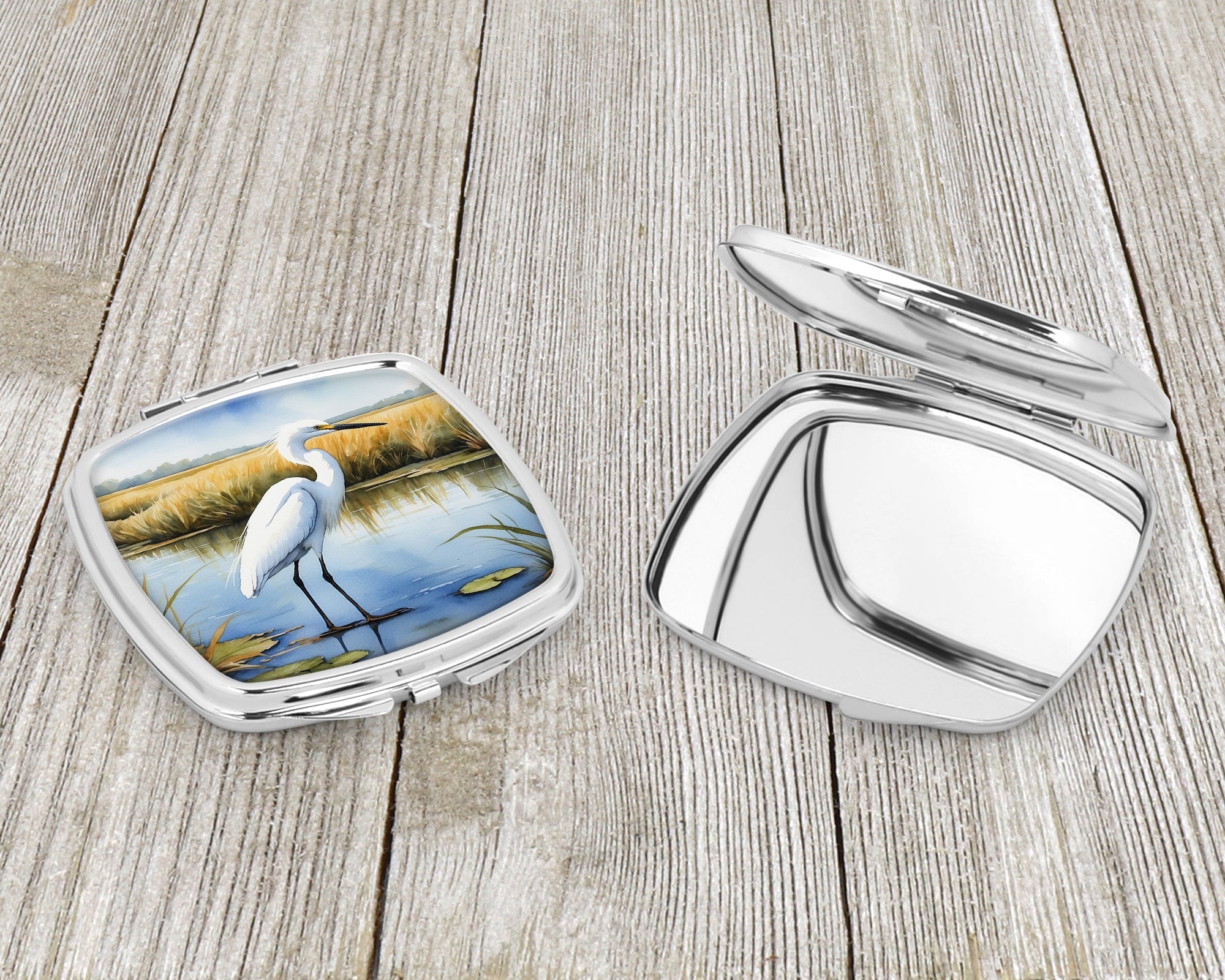 Snowy Great Egret in Marsh Wetland Watercolor Compact Mirror Decorative Travel Makeup Mirror for Women Girls Gifts Pocket Makeup Mirror Folding Handheld