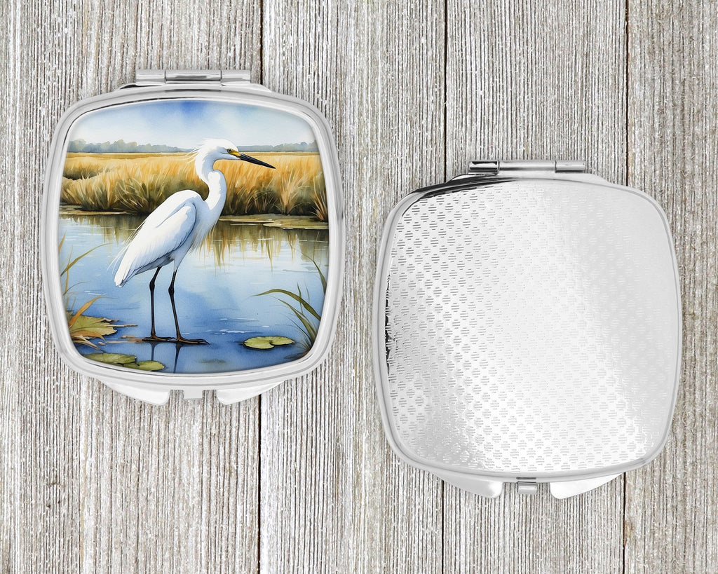 Snowy Great Egret in Marsh Wetland Watercolor Compact Mirror Decorative Travel Makeup Mirror for Women Girls Gifts Pocket Makeup Mirror Folding Handheld