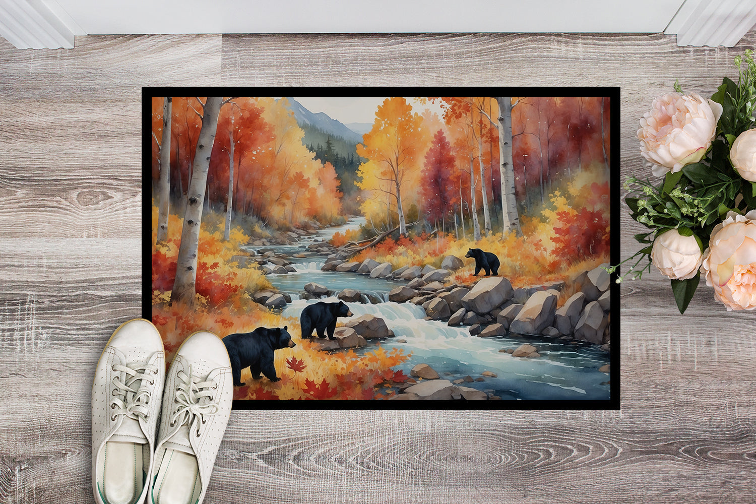 Bears Autumn in the Woods Doormat Indoor Outdoor 18H X 27W Front Door Mat Rugs for Entryway, Non Slip Washable
