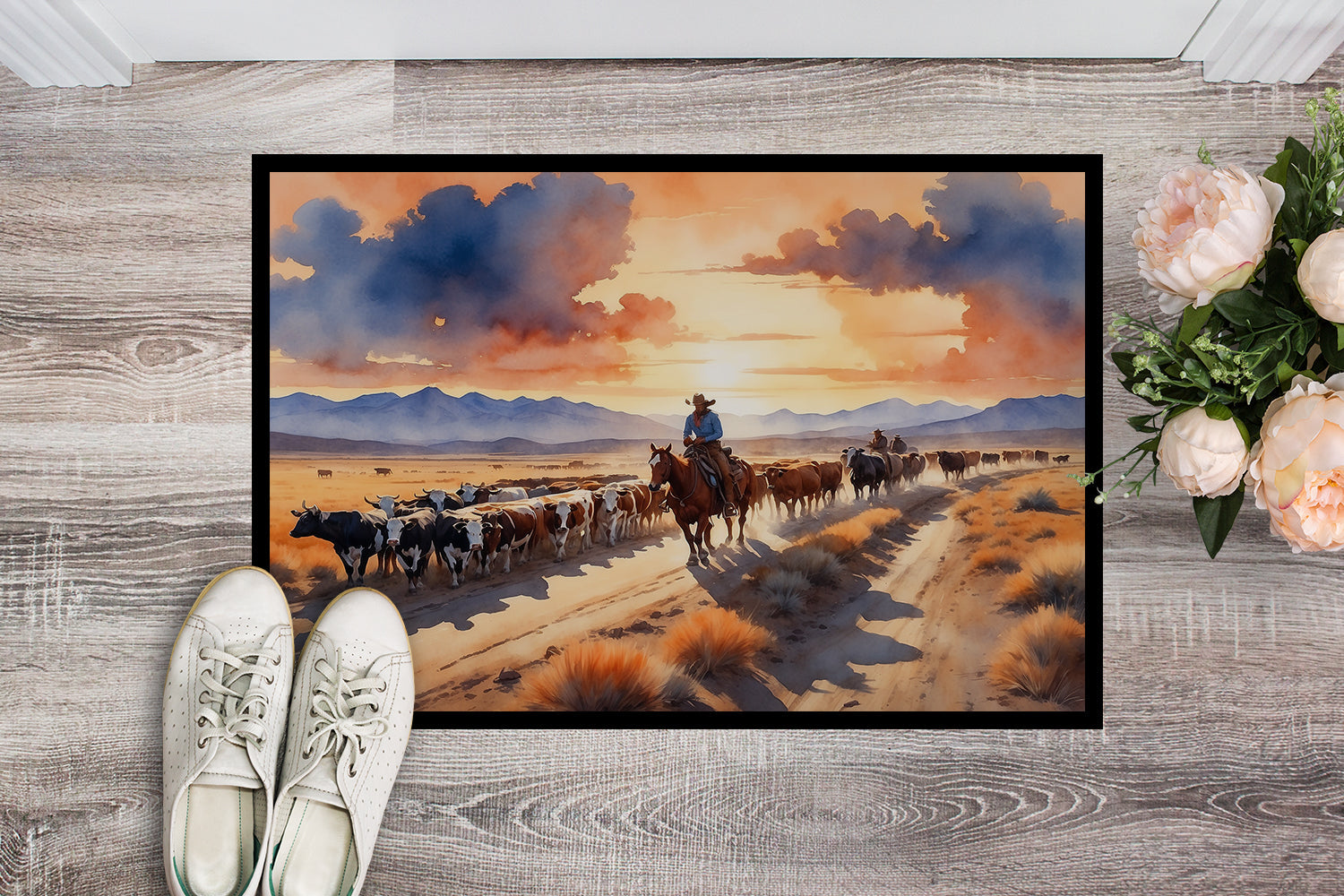 Cattle Drive at Sunset Doormat Indoor Outdoor 18H X 27W Front Door Mat Rugs for Entryway, Non Slip Washable