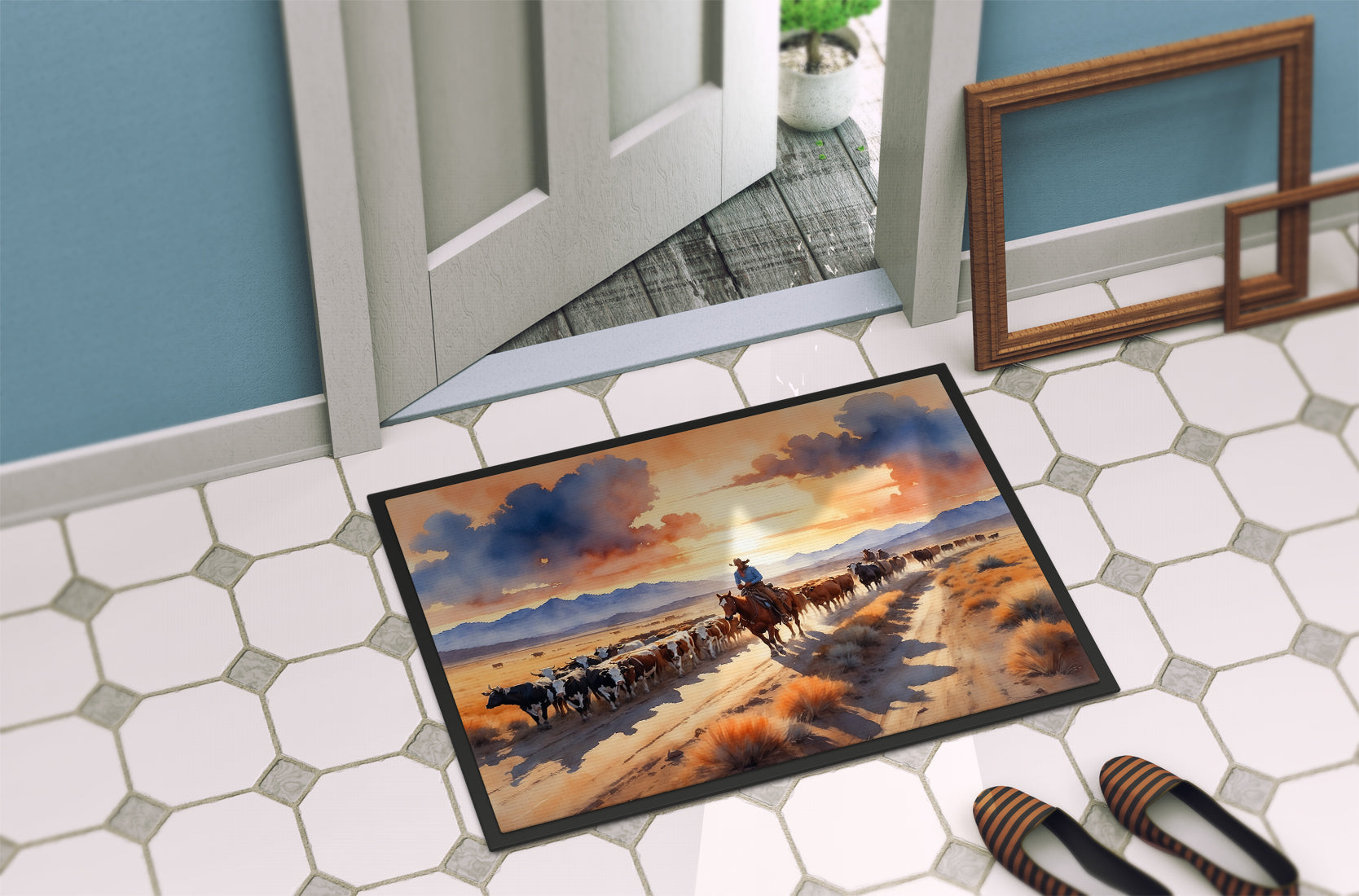 Cattle Drive at Sunset Doormat Indoor Outdoor 18H X 27W Front Door Mat Rugs for Entryway, Non Slip Washable