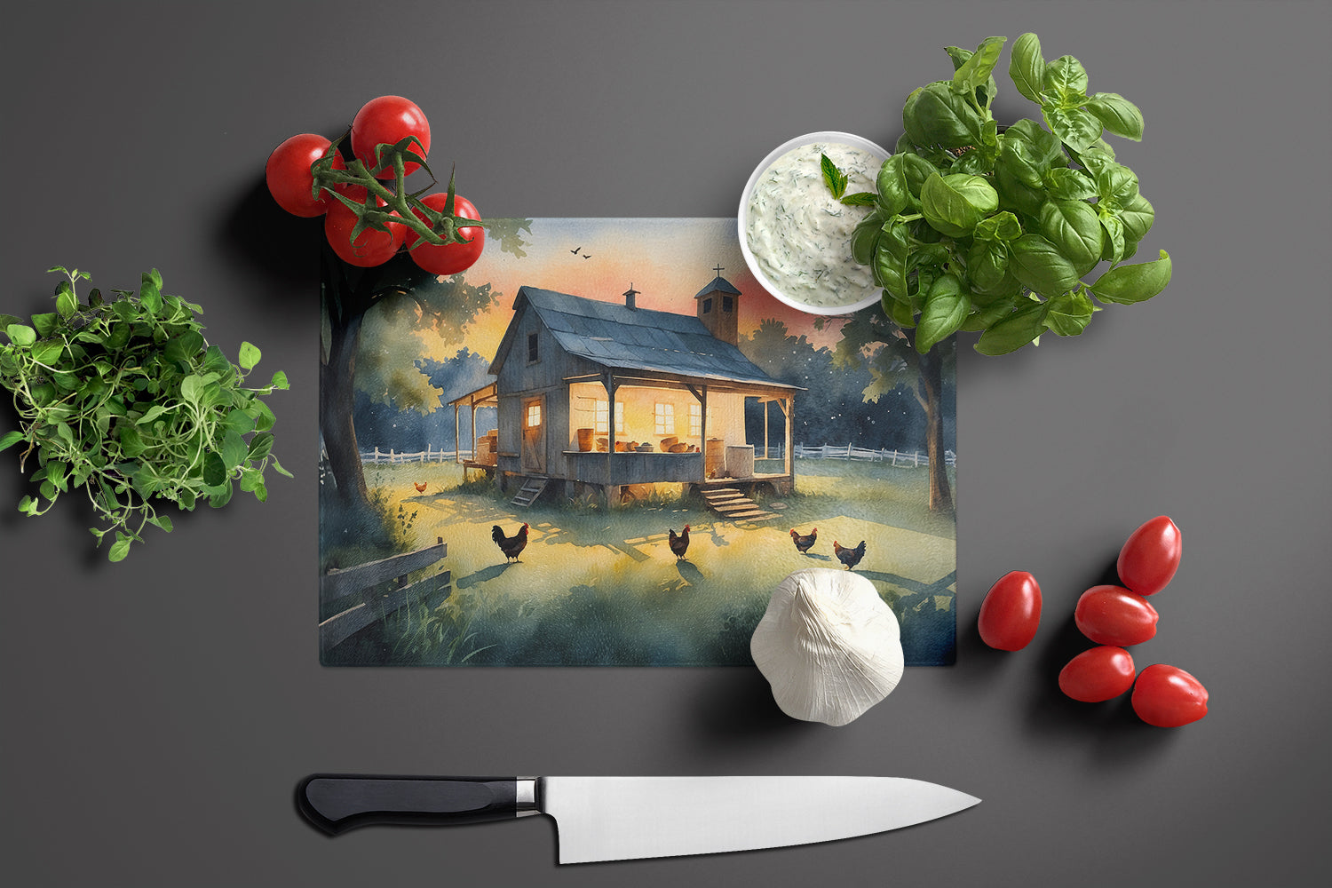 Chicken Coop at Dawn Cutting Board Tempered Glass Kitchen Cutting Surface, Heat Resistant Chopping, Non-Slip Feet, Food Prep & Serving