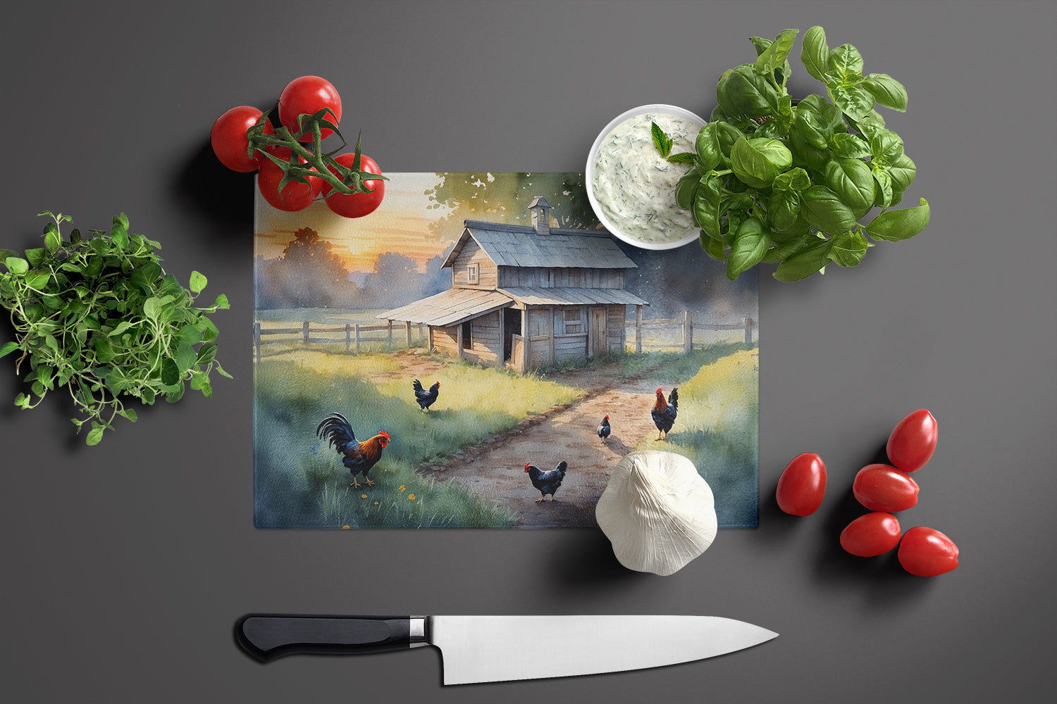 Chicken Coop at Dawn Cutting Board Tempered Glass Kitchen Cutting Surface, Heat Resistant Chopping, Non-Slip Feet, Food Prep & Serving