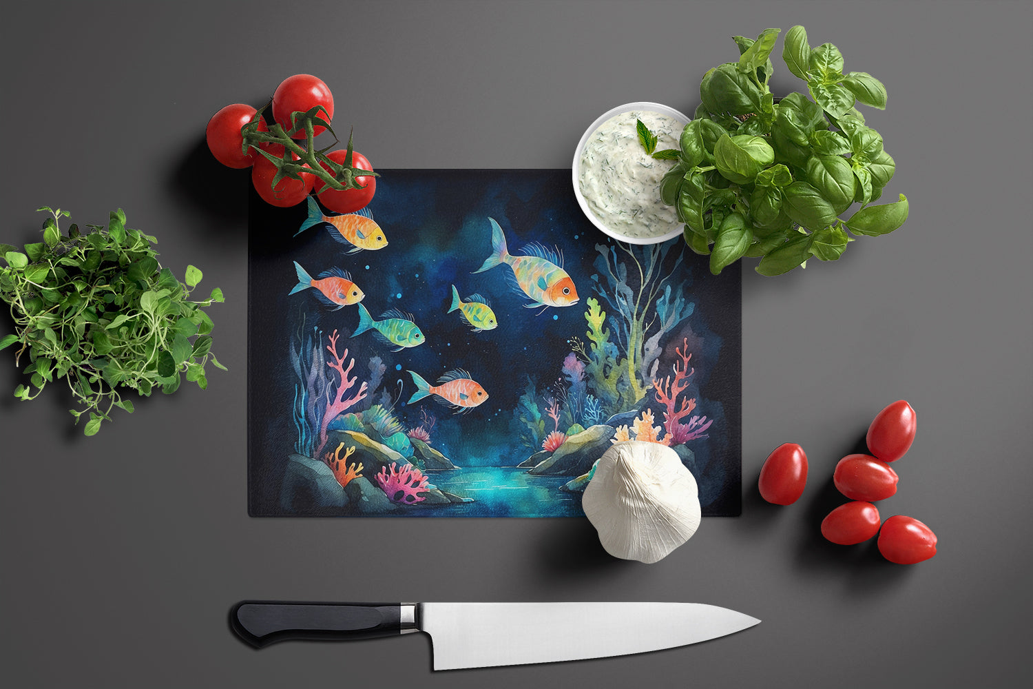 Bioluminescent Fish Cutting Board Tempered Glass Kitchen Cutting Surface, Heat Resistant Chopping, Non-Slip Feet, Food Prep & Serving