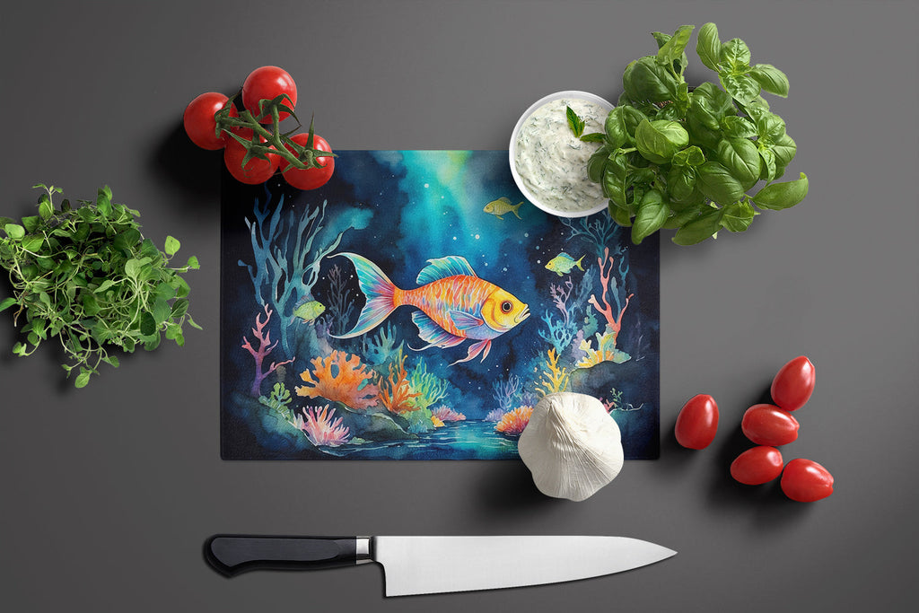 Bioluminescent Fish Cutting Board Tempered Glass Kitchen Cutting Surface, Heat Resistant Chopping, Non-Slip Feet, Food Prep & Serving