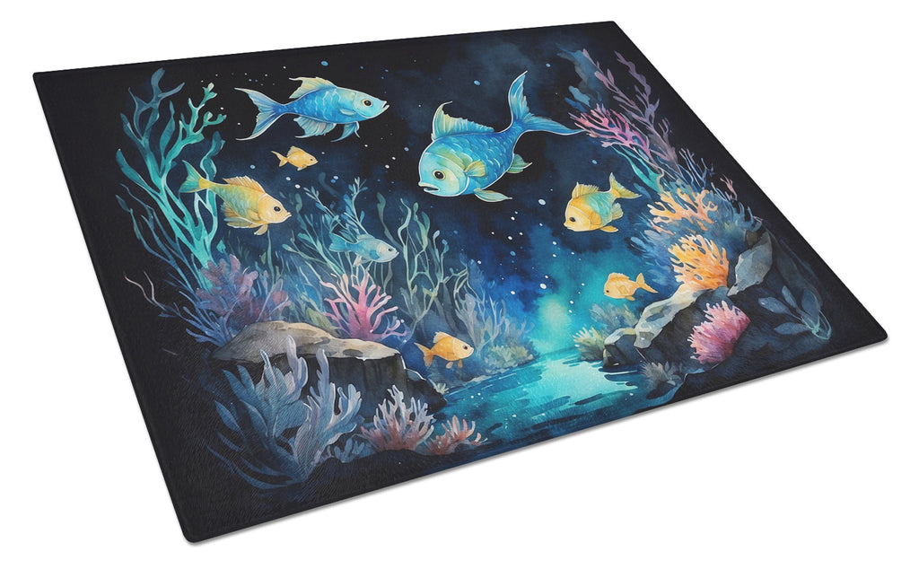 Bioluminescent Fish Cutting Board Tempered Glass Kitchen Cutting Surface, Heat Resistant Chopping, Non-Slip Feet, Food Prep & Serving