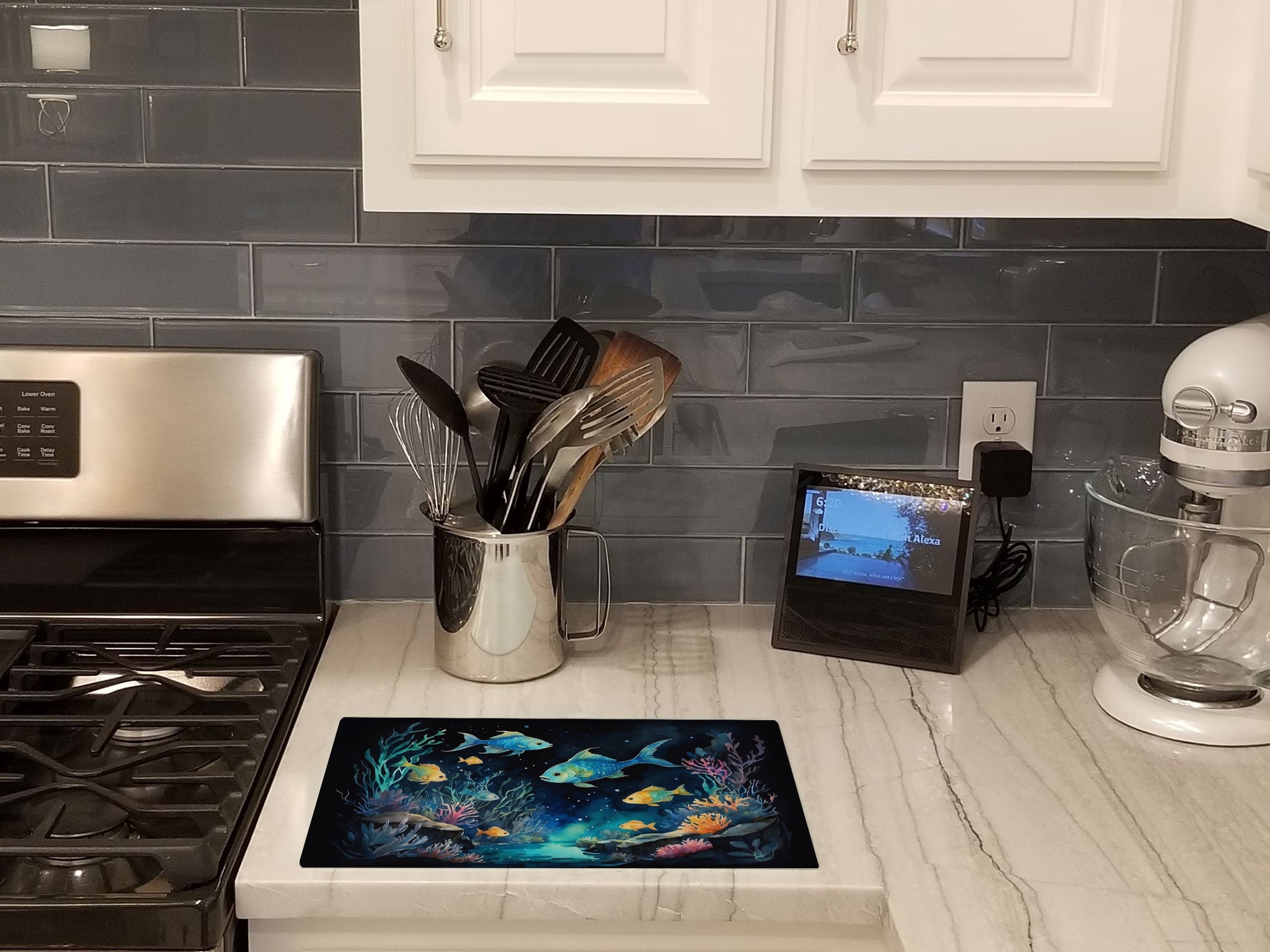 Bioluminescent Fish Cutting Board Tempered Glass Kitchen Cutting Surface, Heat Resistant Chopping, Non-Slip Feet, Food Prep & Serving
