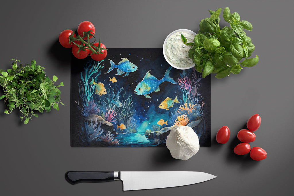 Bioluminescent Fish Cutting Board Tempered Glass Kitchen Cutting Surface, Heat Resistant Chopping, Non-Slip Feet, Food Prep & Serving