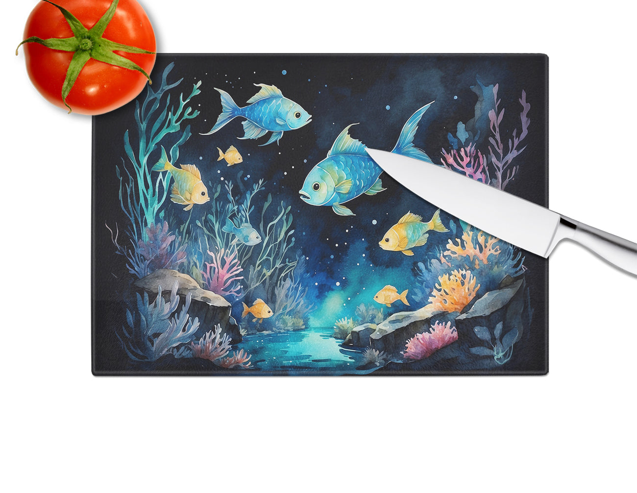 Bioluminescent Fish Cutting Board Tempered Glass Kitchen Cutting Surface, Heat Resistant Chopping, Non-Slip Feet, Food Prep & Serving