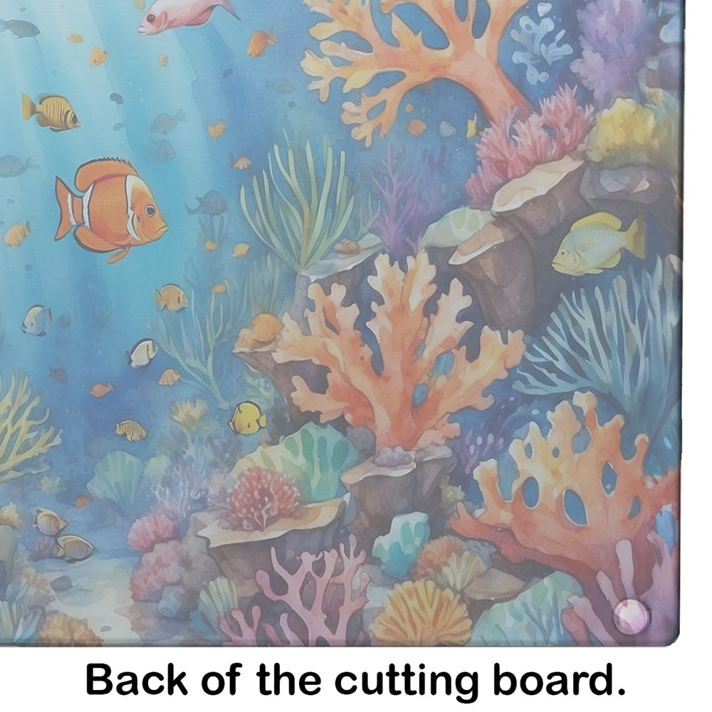Coral and Fish Cutting Board Tempered Glass Kitchen Cutting Surface, Heat Resistant Chopping, Non-Slip Feet, Food Prep & Serving