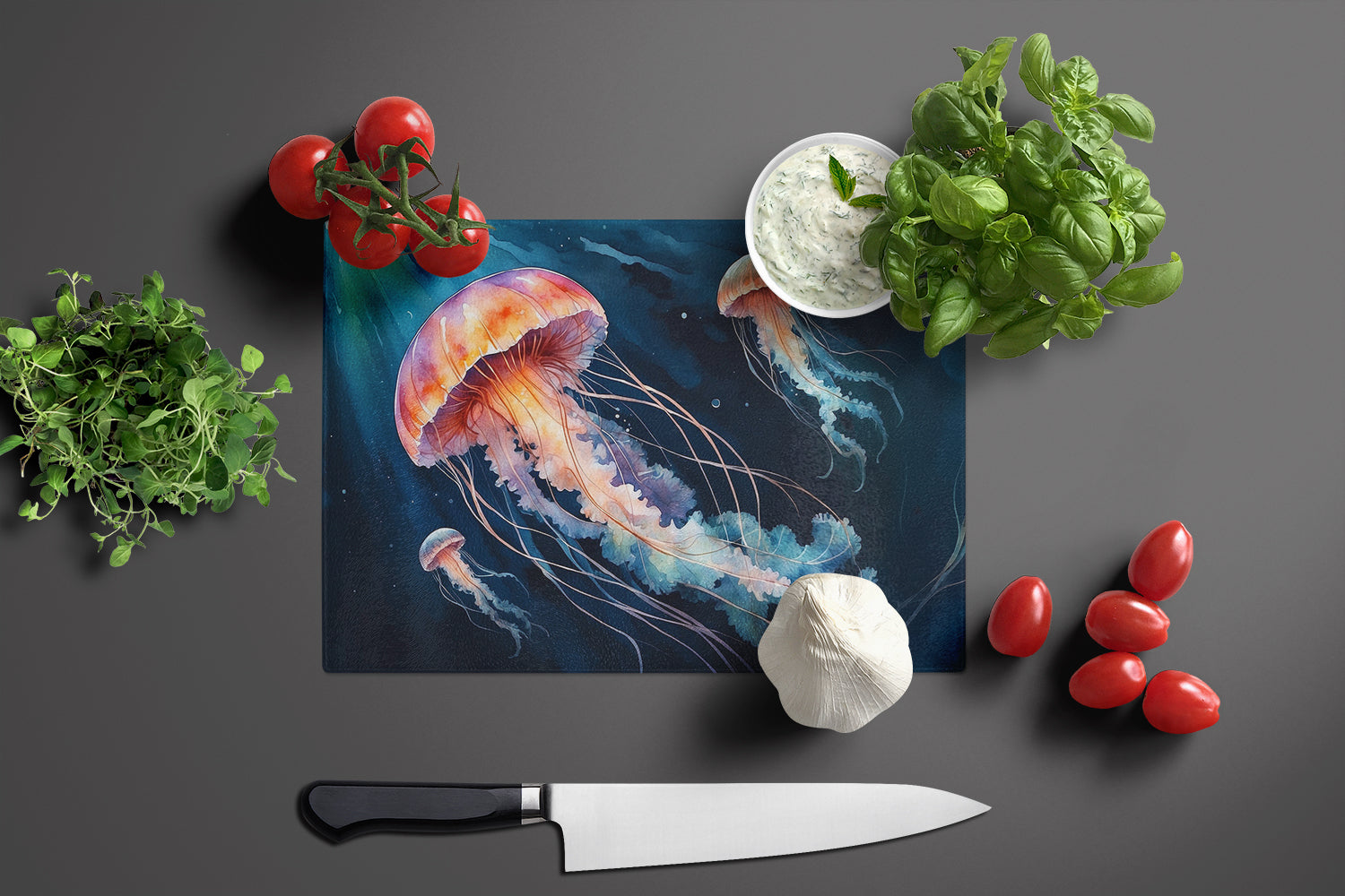 Deep-Sea Jellyfish Cutting Board Tempered Glass Kitchen Cutting Surface, Heat Resistant Chopping, Non-Slip Feet, Food Prep & Serving