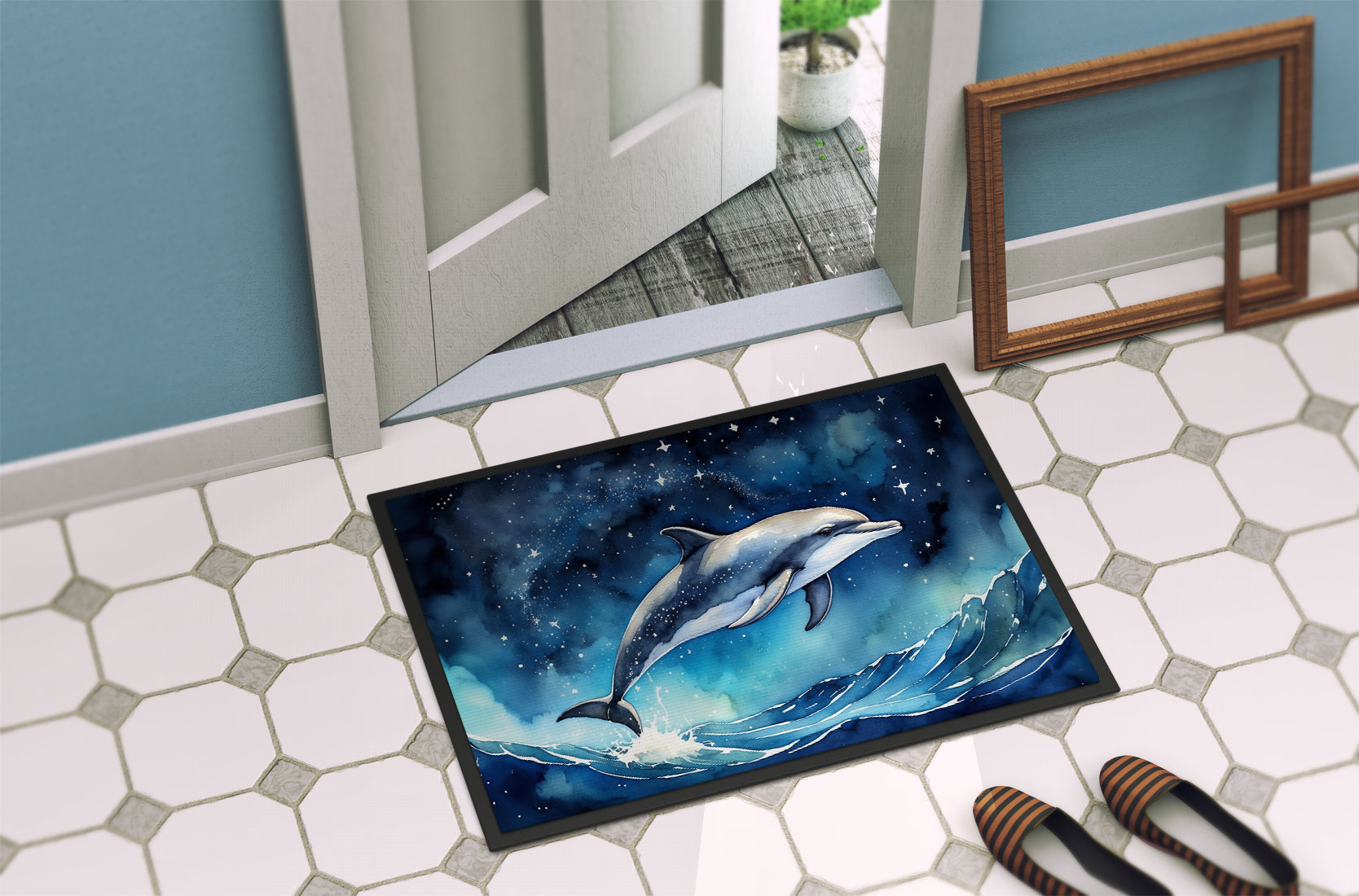 Dolphin in a Starry Sea Doormat Indoor Outdoor 24H X 36W Front Door Mat Rugs for Entryway, Non Slip Washable Low Pile,