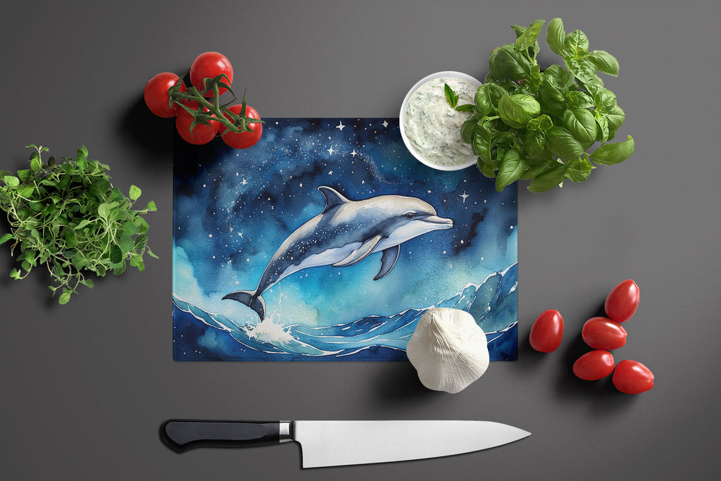 Dolphin in a Starry Sea Cutting Board Tempered Glass Kitchen Cutting Surface, Heat Resistant Chopping, Non-Slip Feet, Food Prep & Serving