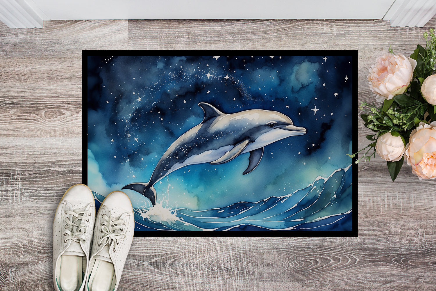Dolphin in a Starry Sea Doormat Indoor Outdoor 18H X 27W Front Door Mat Rugs for Entryway, Non Slip Washable