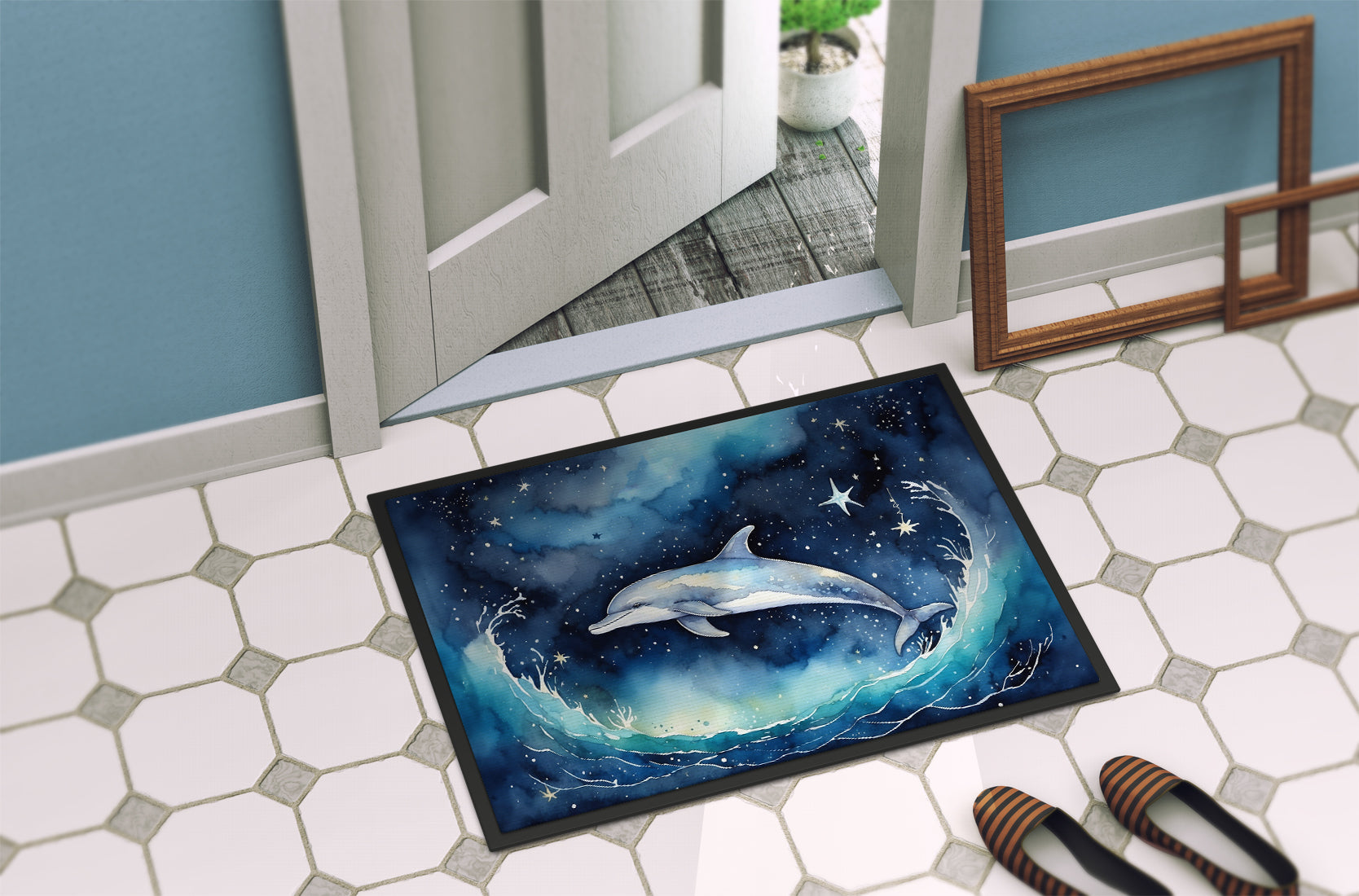 Dolphin in a Starry Sea Doormat Indoor Outdoor 24H X 36W Front Door Mat Rugs for Entryway, Non Slip Washable Low Pile,