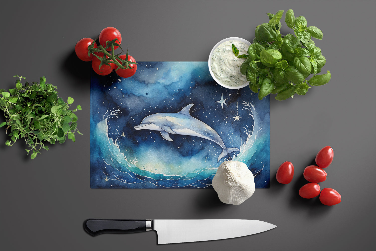 Dolphin in a Starry Sea Cutting Board Tempered Glass Kitchen Cutting Surface, Heat Resistant Chopping, Non-Slip Feet, Food Prep & Serving
