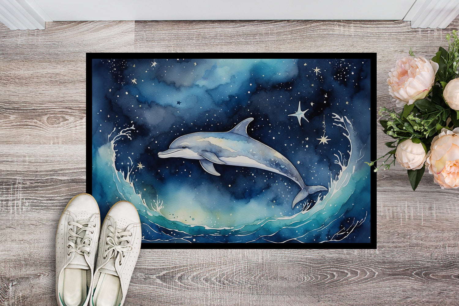 Dolphin in a Starry Sea Doormat Indoor Outdoor 18H X 27W Front Door Mat Rugs for Entryway, Non Slip Washable