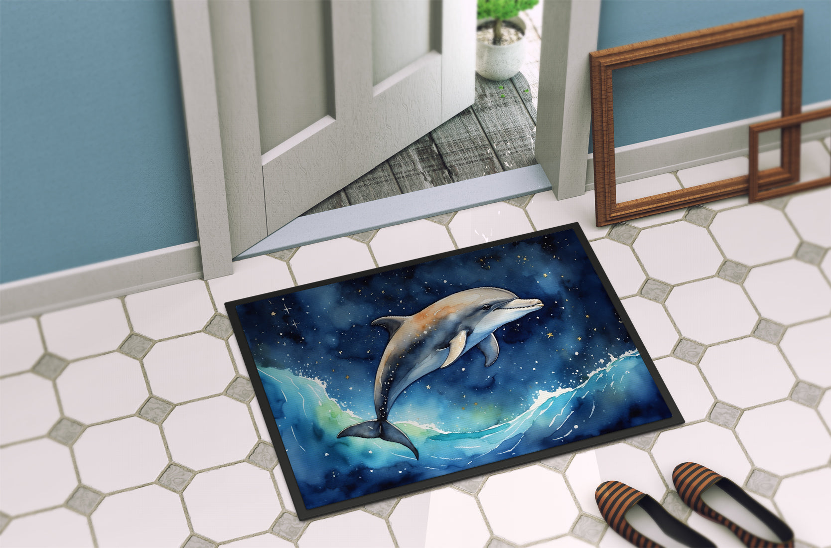Dolphin in a Starry Sea Doormat Indoor Outdoor 24H X 36W Front Door Mat Rugs for Entryway, Non Slip Washable Low Pile,