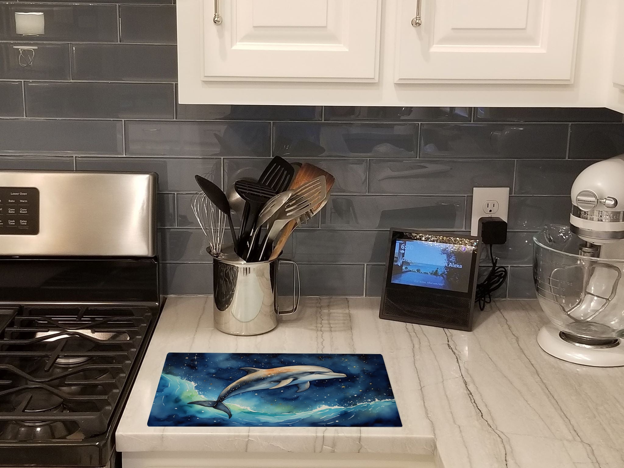 Dolphin in a Starry Sea Cutting Board Tempered Glass Kitchen Cutting Surface, Heat Resistant Chopping, Non-Slip Feet, Food Prep & Serving
