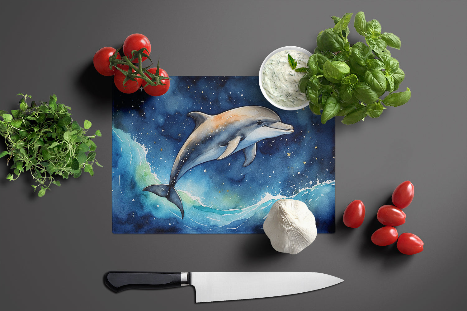 Dolphin in a Starry Sea Cutting Board Tempered Glass Kitchen Cutting Surface, Heat Resistant Chopping, Non-Slip Feet, Food Prep & Serving