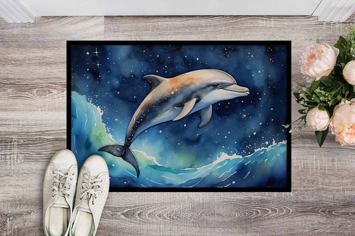 Dolphin in a Starry Sea Doormat Indoor Outdoor 18H X 27W Front Door Mat Rugs for Entryway, Non Slip Washable