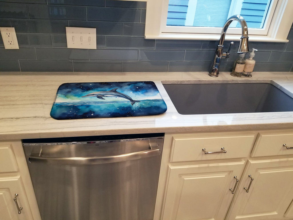 Dolphin in a Starry Sea Dish Drying Mat Absorbent Dish Drying Mat Pad for Kitchen Counter Dish Drainer Mat for Countertop, 14 x 21", Multicolor