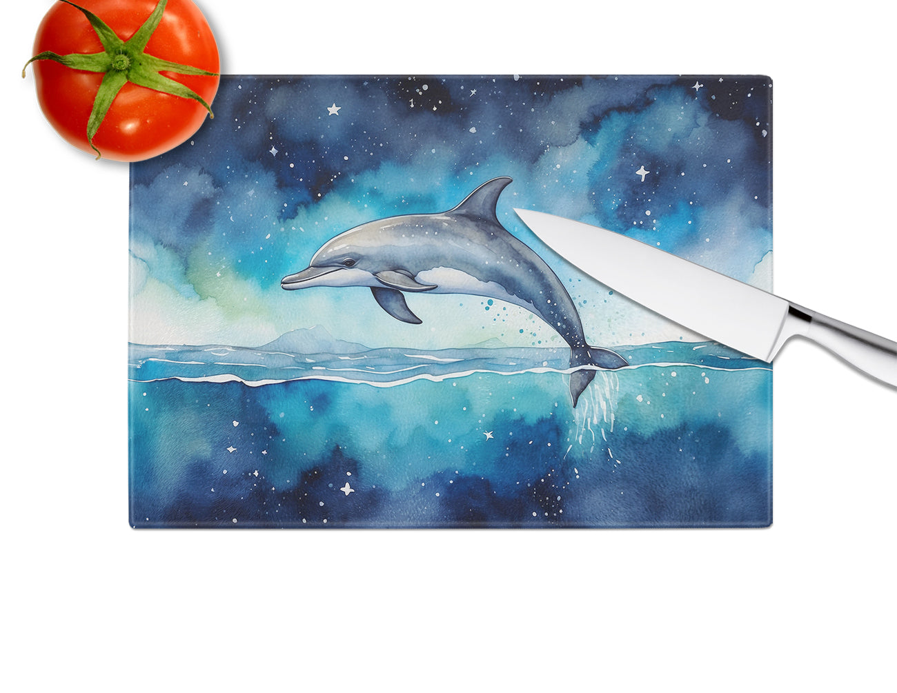Dolphin in a Starry Sea Cutting Board Tempered Glass Kitchen Cutting Surface, Heat Resistant Chopping, Non-Slip Feet, Food Prep & Serving