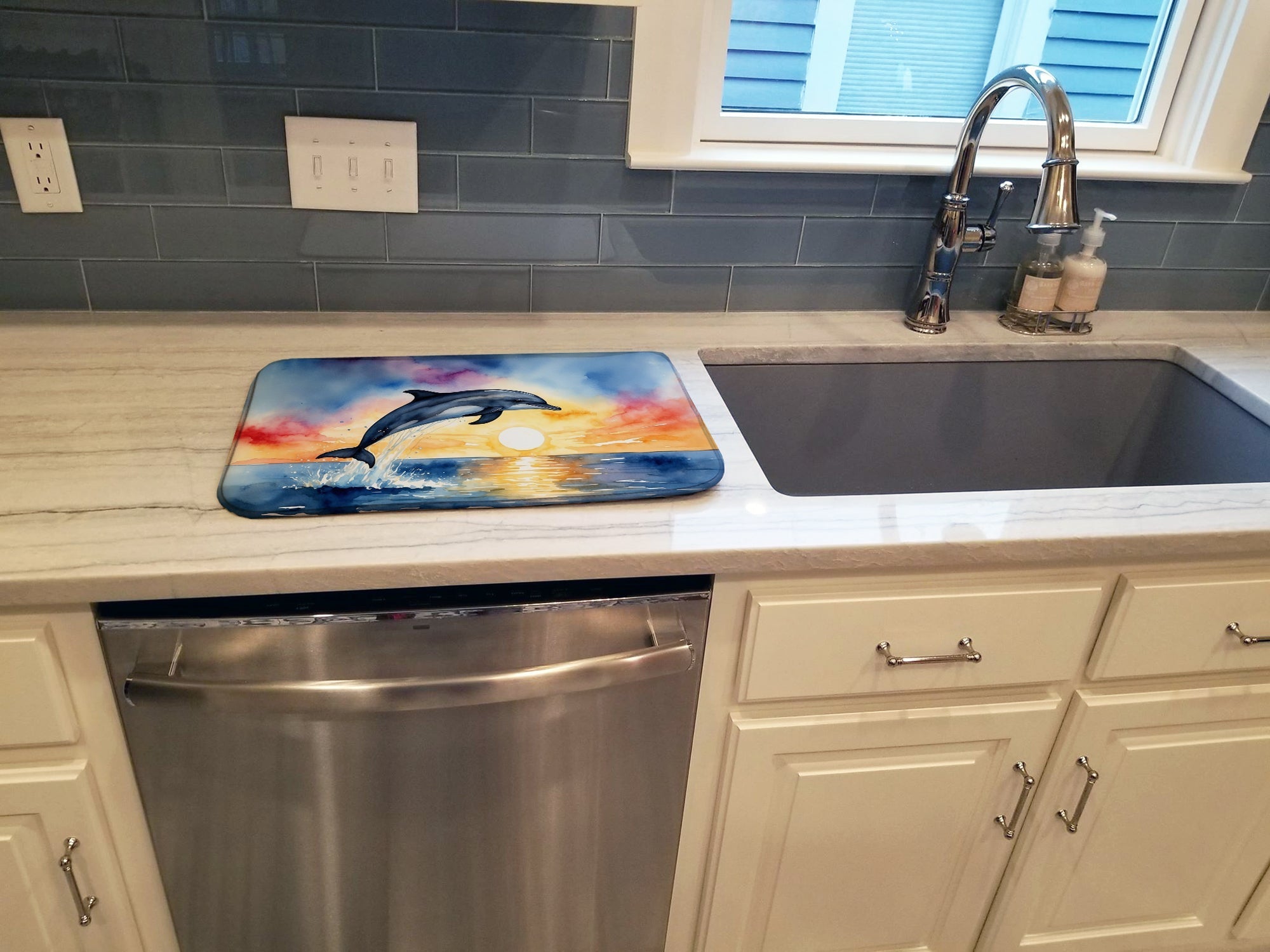 Dolphin Leaping at Sunrise Dish Drying Mat Absorbent Dish Drying Mat Pad for Kitchen Counter Dish Drainer Mat for Countertop, 14 x 21", Multicolor