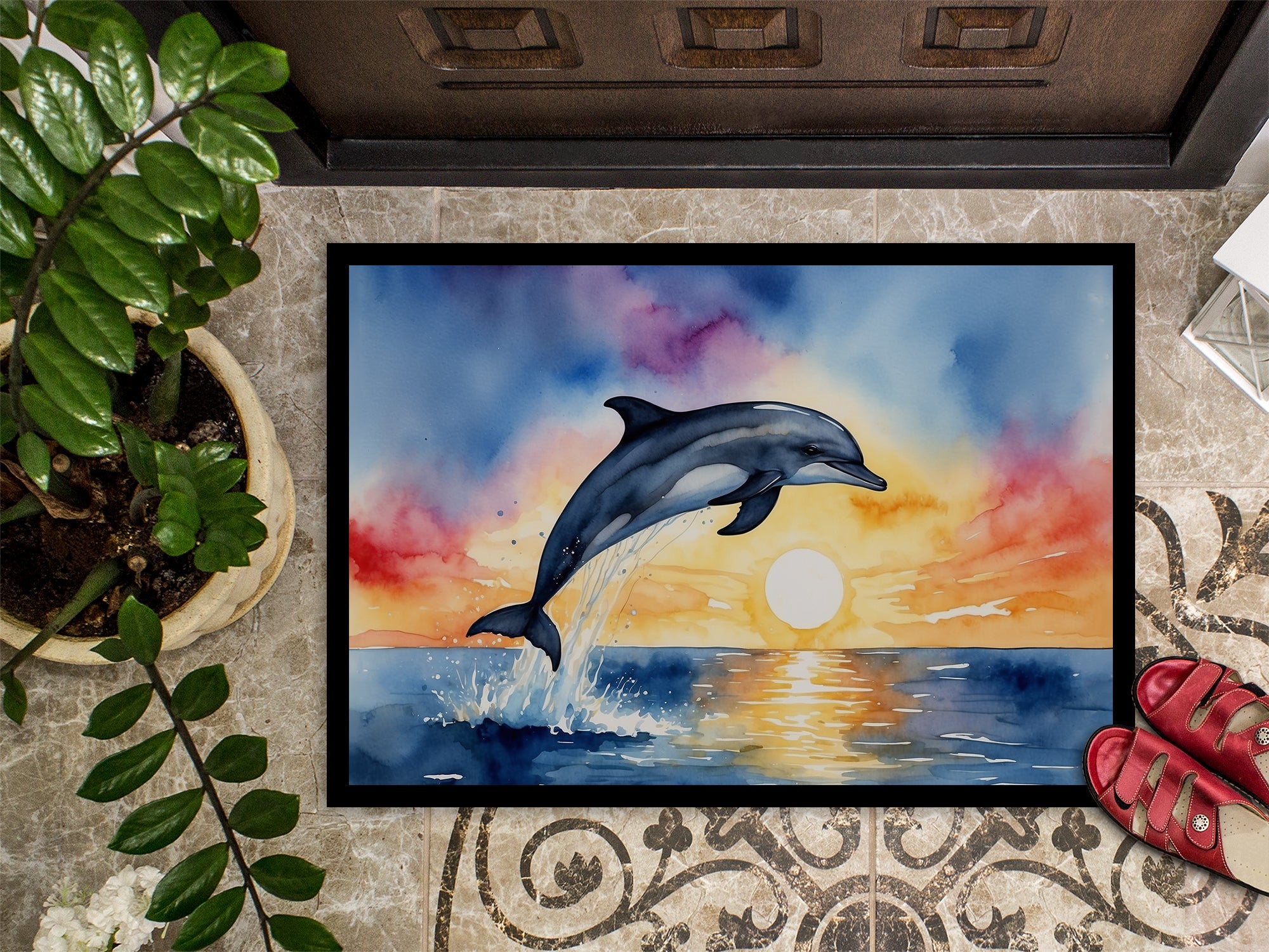 Dolphin Leaping at Sunrise Doormat Indoor Outdoor 24H X 36W Front Door Mat Rugs for Entryway, Non Slip Washable Low Pile,