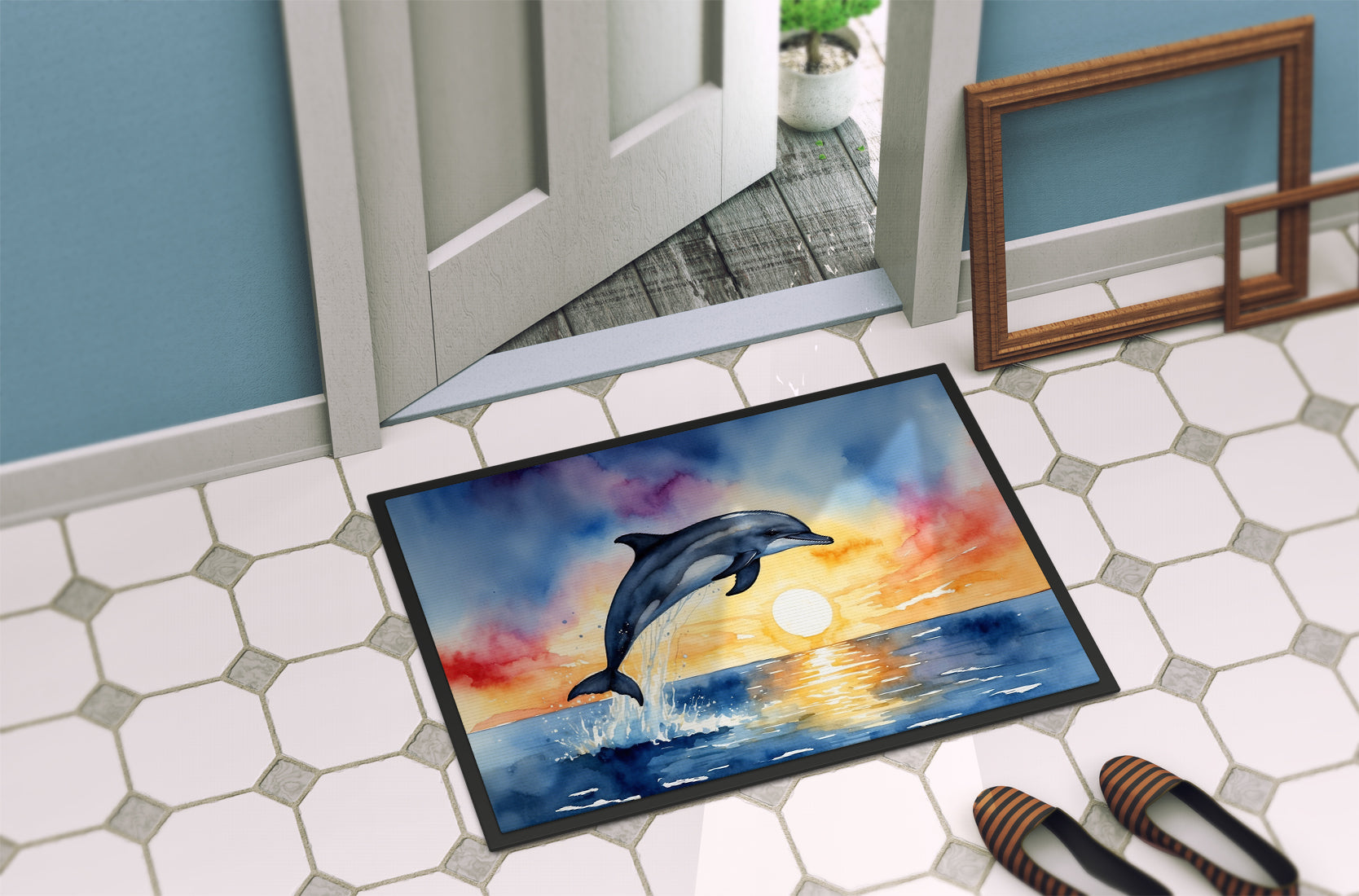 Dolphin Leaping at Sunrise Doormat Indoor Outdoor 24H X 36W Front Door Mat Rugs for Entryway, Non Slip Washable Low Pile,