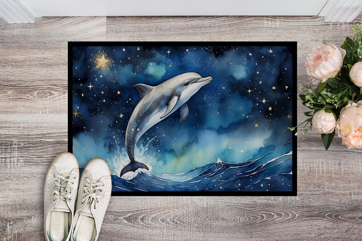 Dolphin in a Starry Sea Doormat Indoor Outdoor 24H X 36W Front Door Mat Rugs for Entryway, Non Slip Washable Low Pile,