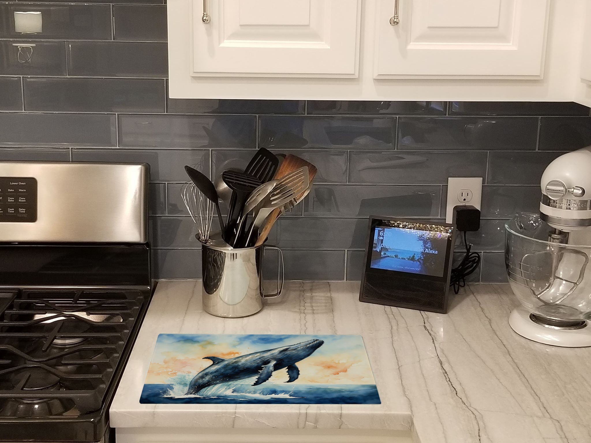 Humpback Whale Breaching Cutting Board Tempered Glass Kitchen Cutting Surface, Heat Resistant Chopping, Non-Slip Feet, Food Prep & Serving