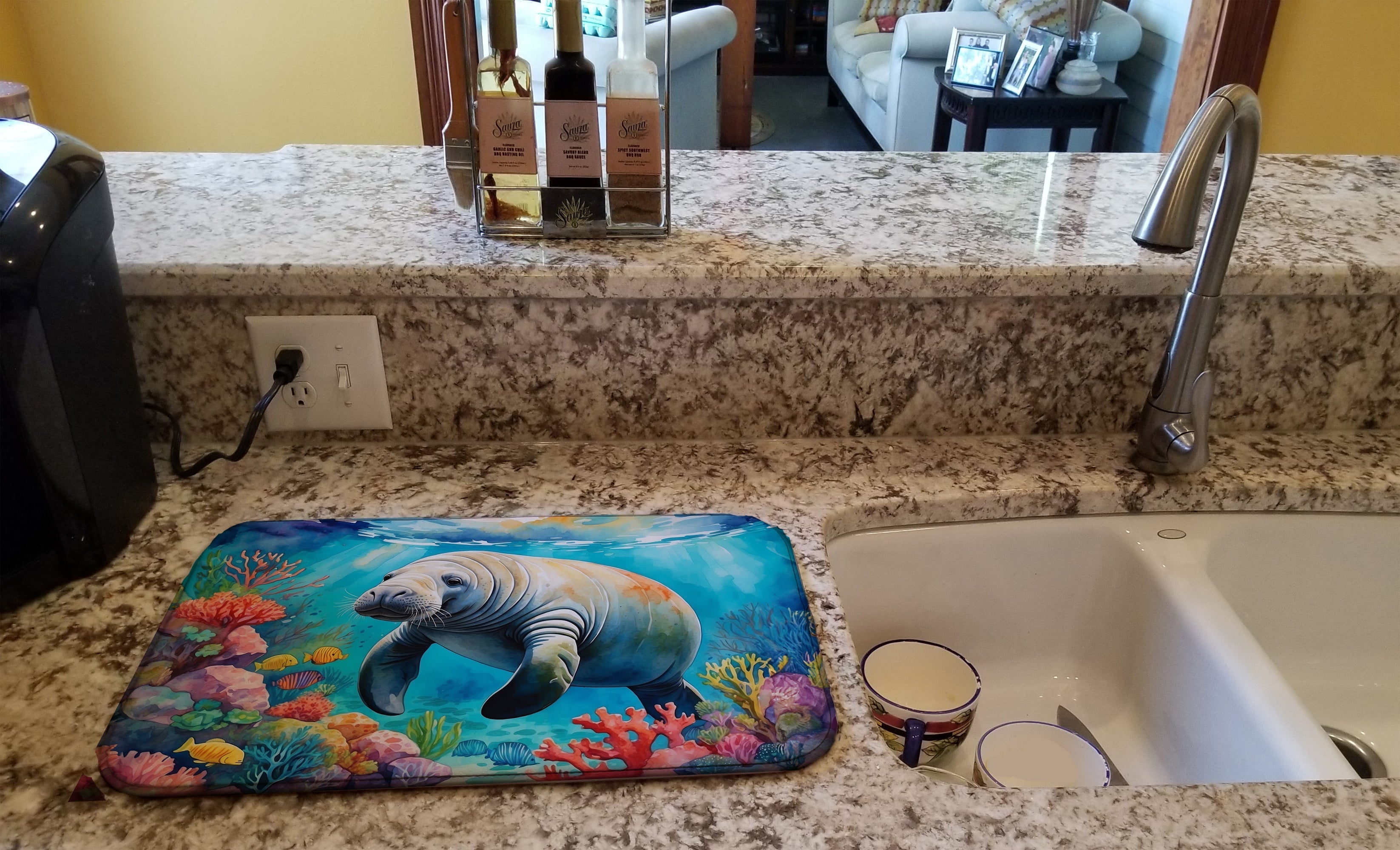 Manatee and Coral Reefs Dish Drying Mat Absorbent Dish Drying Mat Pad for Kitchen Counter Dish Drainer Mat for Countertop, 14 x 21", Multicolor