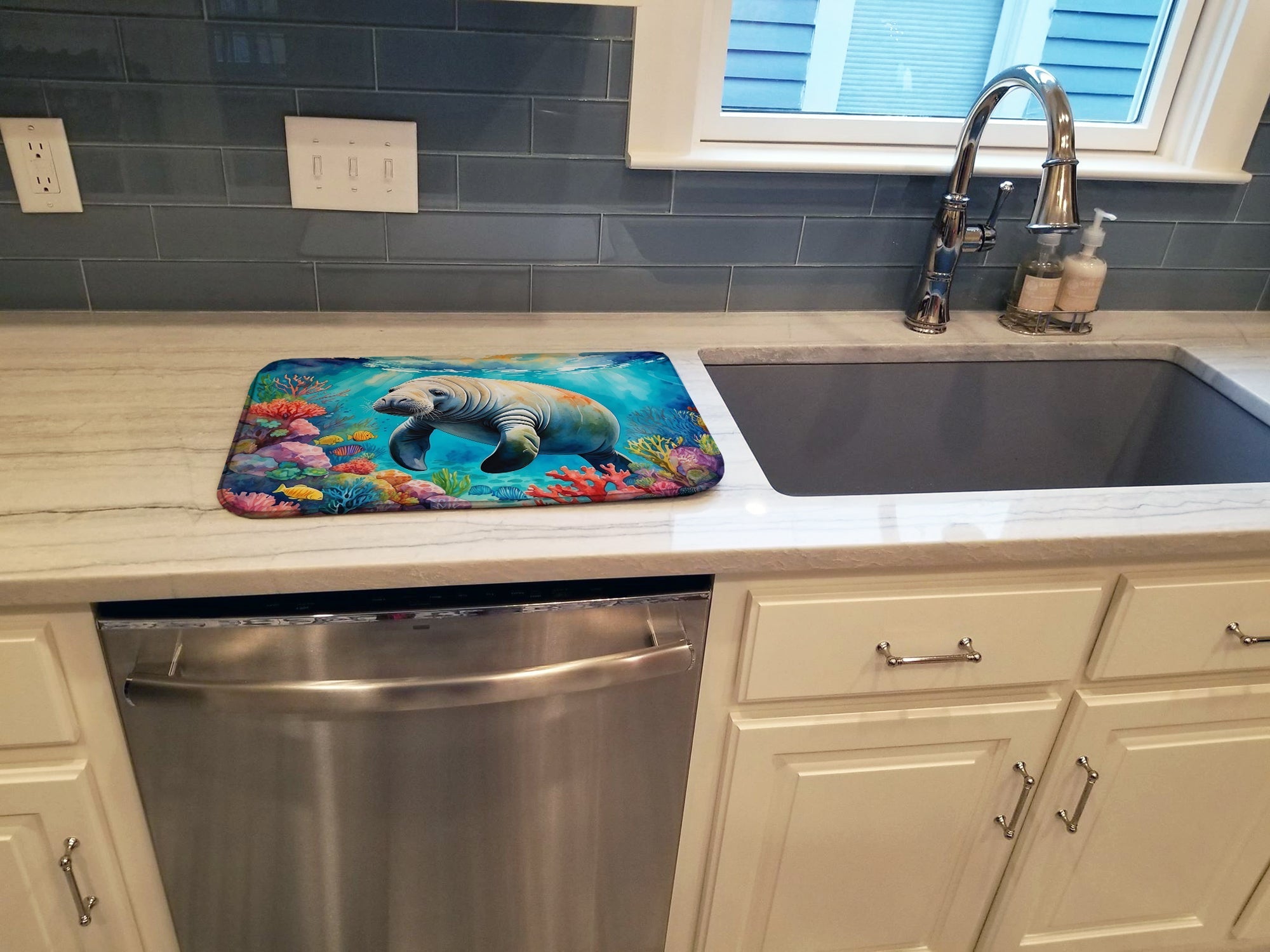 Manatee and Coral Reefs Dish Drying Mat Absorbent Dish Drying Mat Pad for Kitchen Counter Dish Drainer Mat for Countertop, 14 x 21", Multicolor