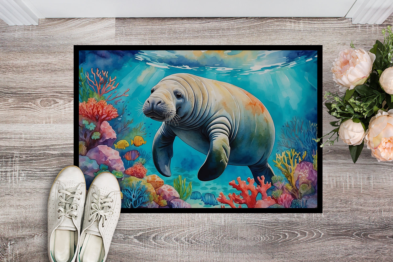 Manatee and Coral Reefs Doormat Indoor Outdoor 24H X 36W Front Door Mat Rugs for Entryway, Non Slip Washable Low Pile,