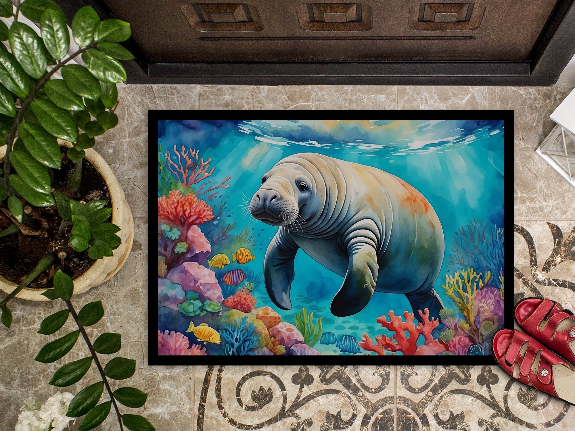 Manatee and Coral Reefs Doormat Indoor Outdoor 18H X 27W Front Door Mat Rugs for Entryway, Non Slip Washable