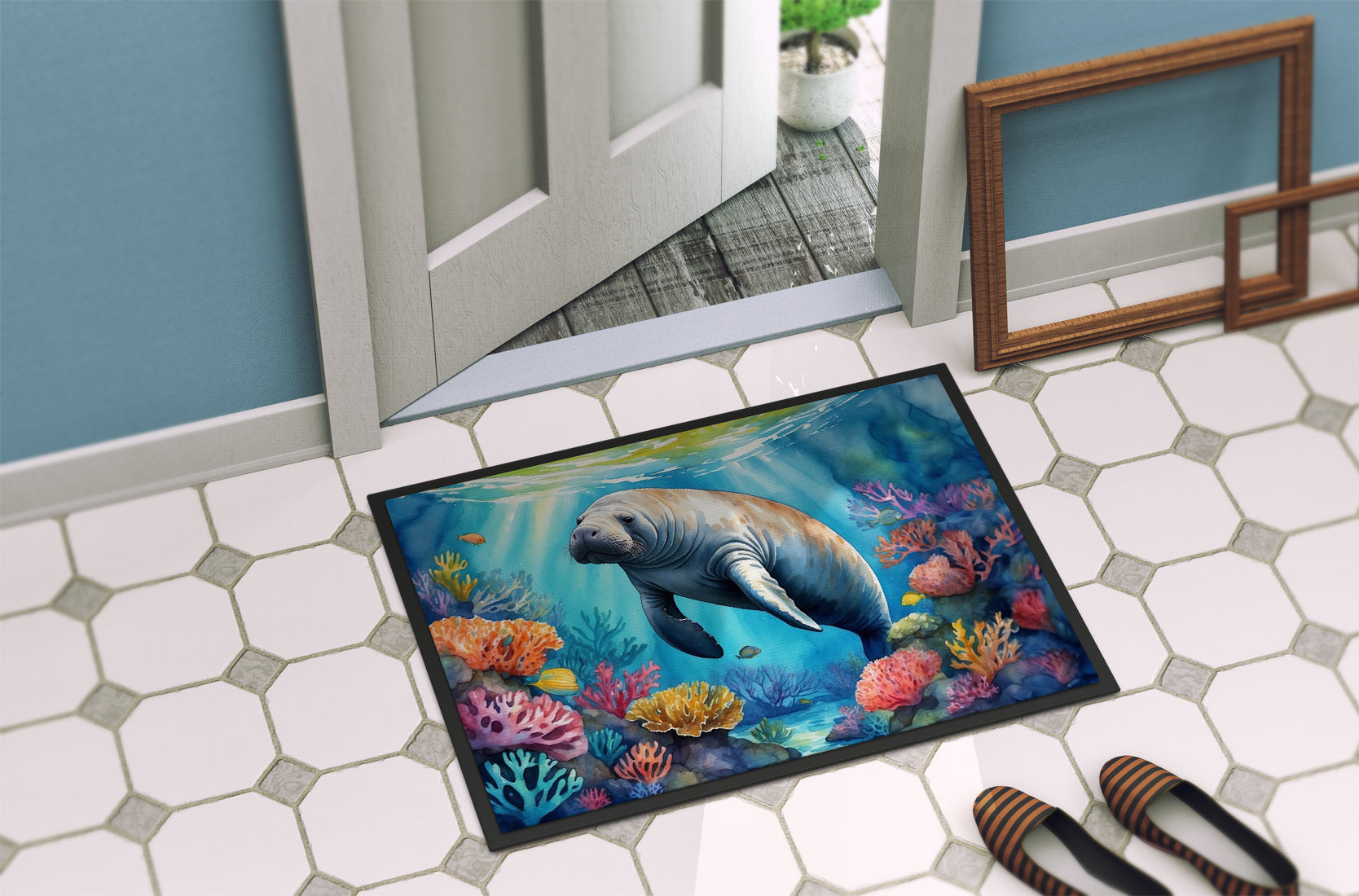 Manatee and Coral Reefs Doormat Indoor Outdoor 24H X 36W Front Door Mat Rugs for Entryway, Non Slip Washable Low Pile,