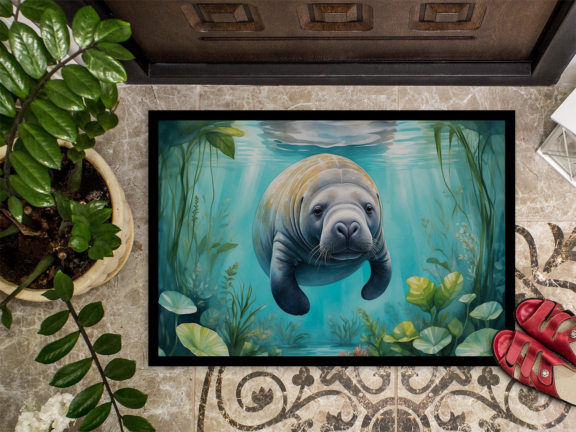 Manatee in a Crystal-Clear Spring Doormat Indoor Outdoor 18H X 27W Front Door Mat Rugs for Entryway, Non Slip Washable