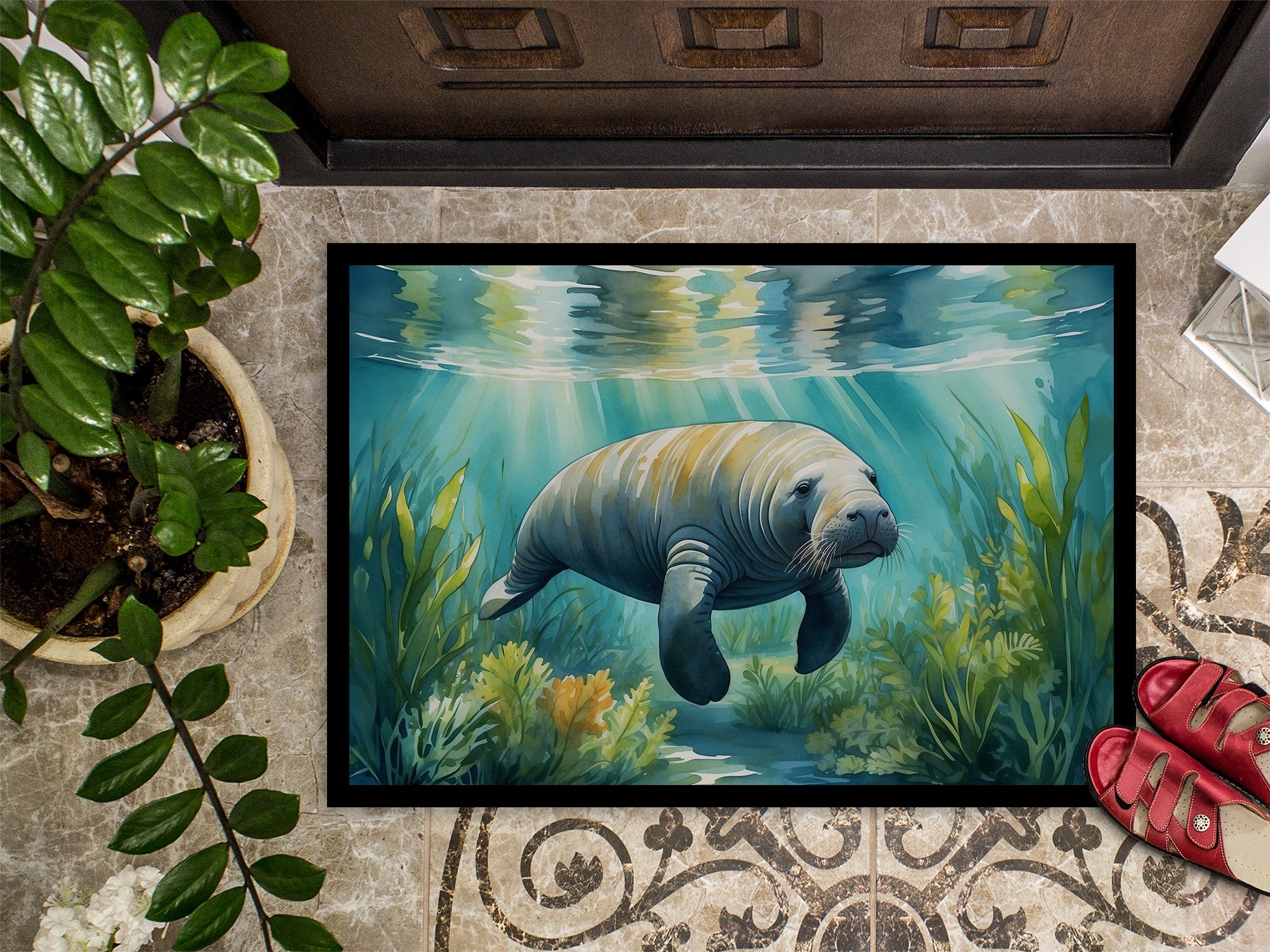 Manatee in a Seagrass Bed Doormat Indoor Outdoor 18H X 27W Front Door Mat Rugs for Entryway, Non Slip Washable