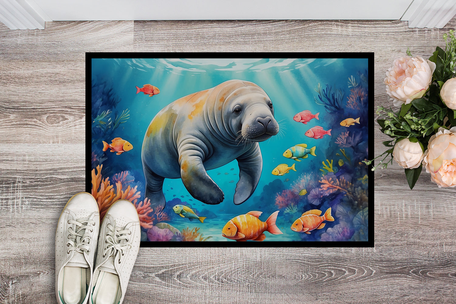 Summer Manatee Doormat Indoor Outdoor 24H X 36W Front Door Mat Rugs for Entryway, Non Slip Washable Low Pile,