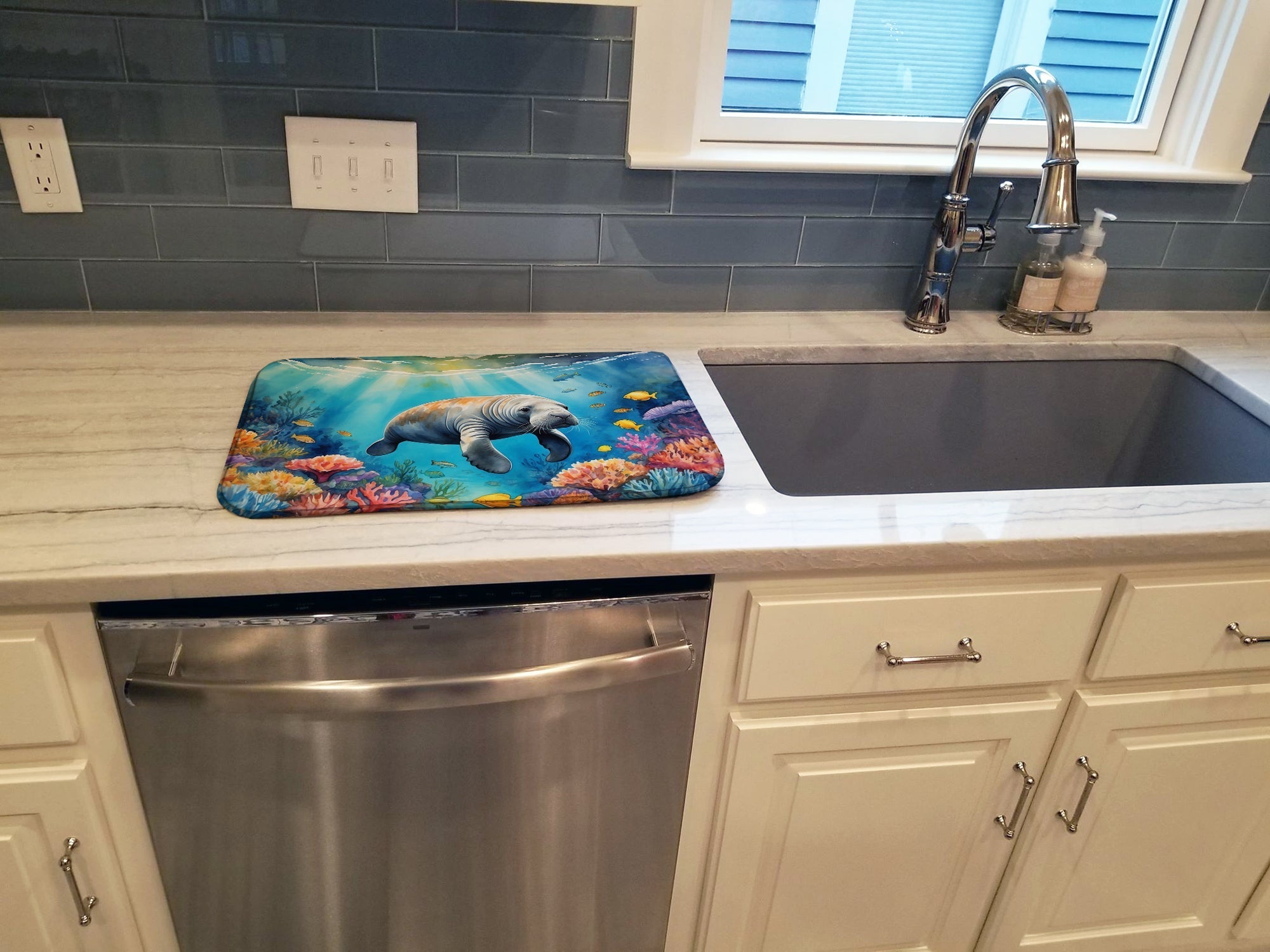 Summer Manatee Dish Drying Mat Absorbent Dish Drying Mat Pad for Kitchen Counter Dish Drainer Mat for Countertop, 14 x 21", Multicolor