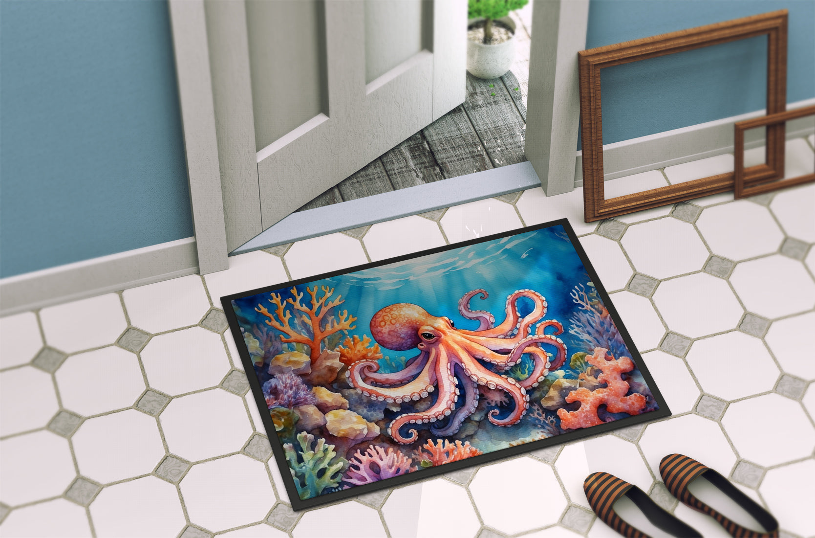 Octopus Among Coral Doormat Indoor Outdoor 24H X 36W Front Door Mat Rugs for Entryway, Non Slip Washable Low Pile,