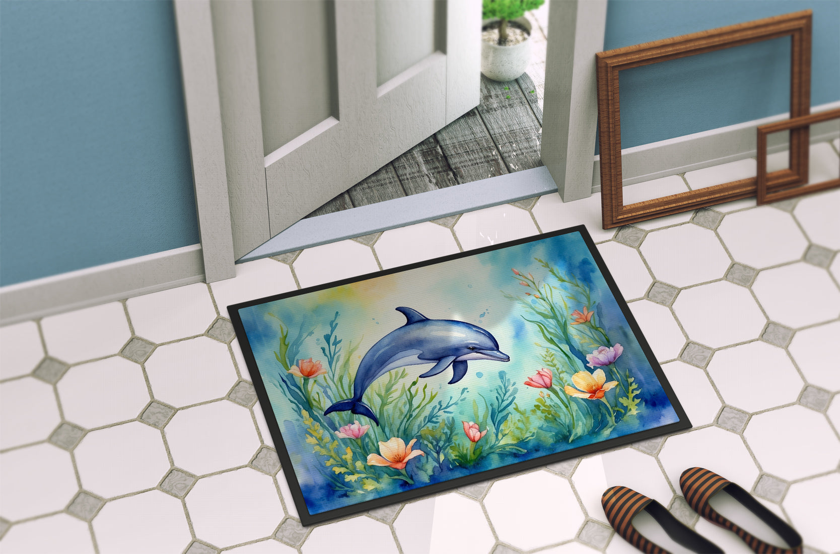 Spring Dolphin Doormat Indoor Outdoor 24H X 36W Front Door Mat Rugs for Entryway, Non Slip Washable Low Pile,